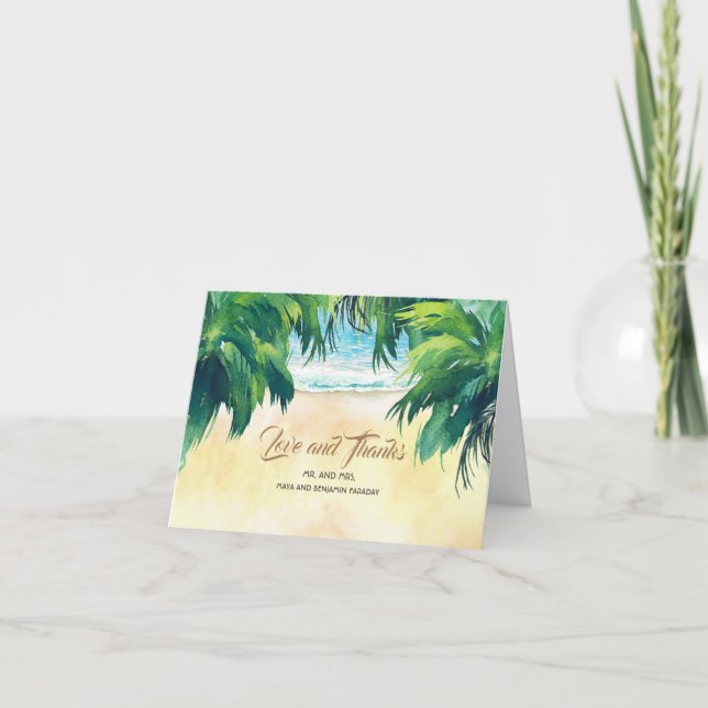Palms Sea and Sand Watercolor Wedding Thank You Card (Front)