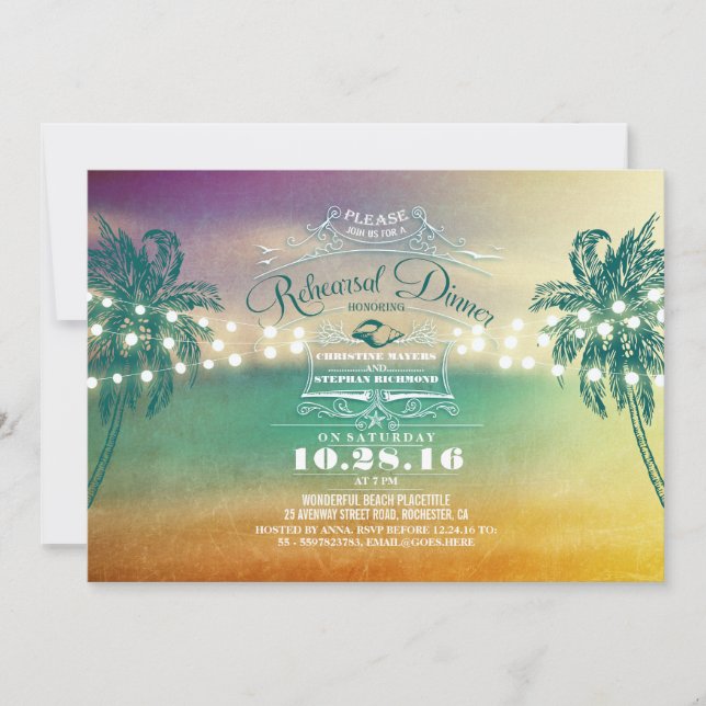 Palms sunset beach rehearsal dinner invitations (Front)