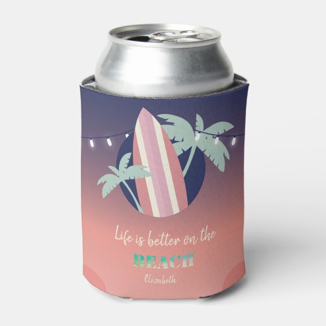 Palms,Surfboard,String Lights Beach Can Cooler (Can Front)