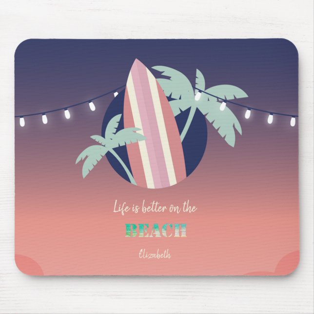 Palms,Surfboard,String Lights Beach Mouse Mat (Front)