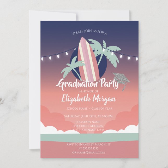 Palms Surfing Board,Glitter Grad Cap,Graduation  Invitation (Front)
