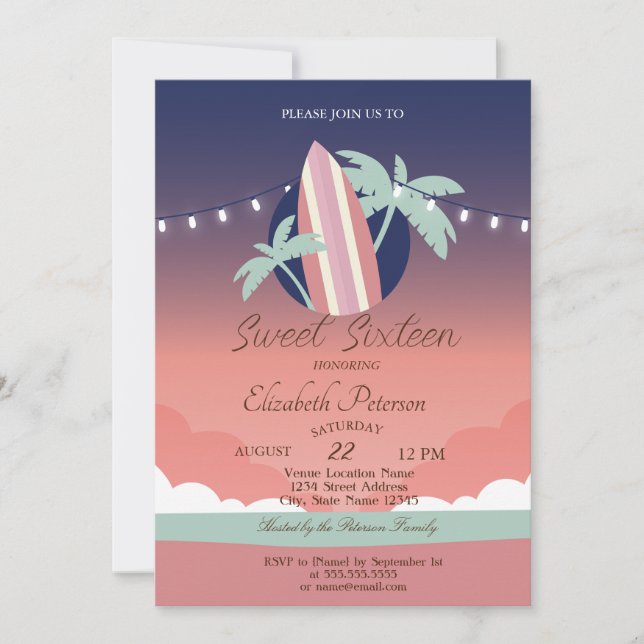 Palms,Surfing Board Summer Sweet 16 Party  Invitation (Front)