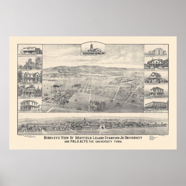 Palo Alto, CA. Panoramic Map 1888 (1658A) Poster (Front)