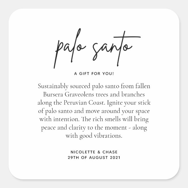 Palo Santo Wedding Favour Square Sticker (Front)
