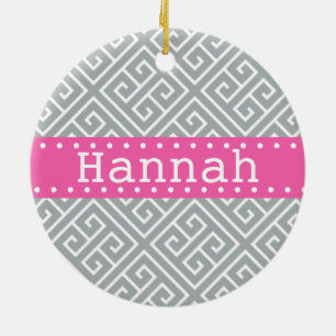 Paloma Grey White Greek Key Pattern Pink Template Ceramic Tree Decoration