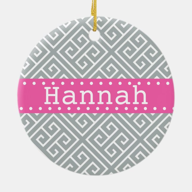 Paloma Grey White Greek Key Pattern Pink Template Ceramic Tree Decoration (Back)