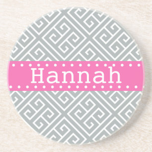 Paloma Grey White Greek Key Pattern Pink Template Coaster