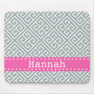 Paloma Grey White Greek Key Pattern Pink Template Mouse Mat