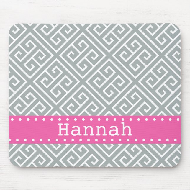 Paloma Grey White Greek Key Pattern Pink Template Mouse Mat (Front)