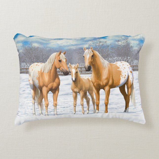 Palomino Appaloosa Horses In Snow Decorative Cushion (Front)