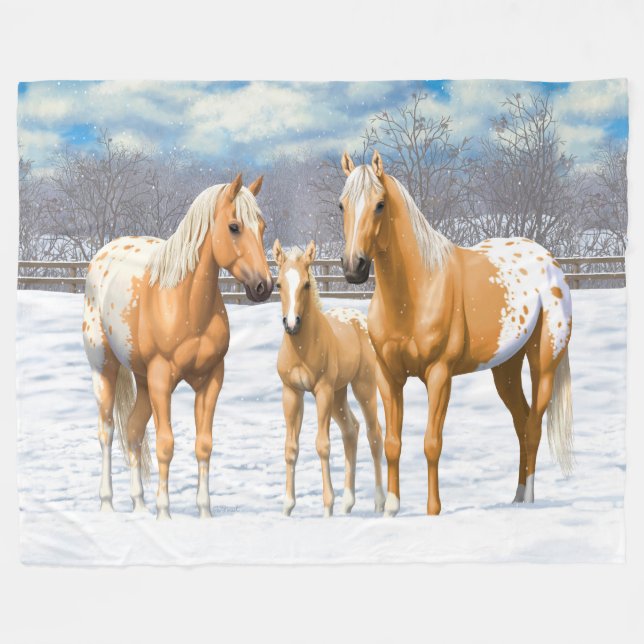 Palomino Appaloosa Horses In Snow Fleece Blanket (Front (Horizontal))