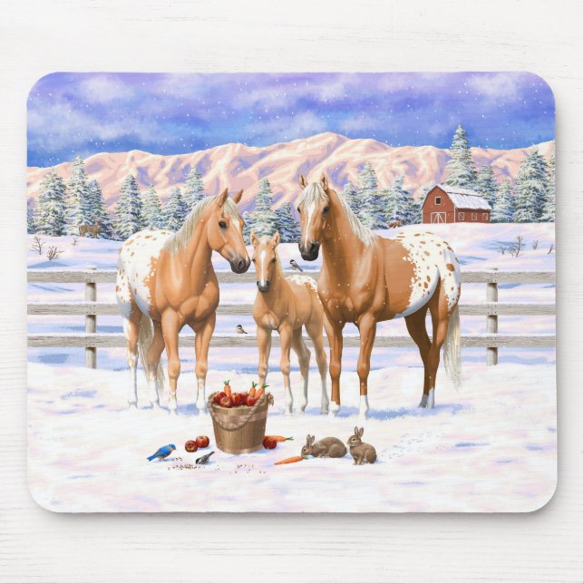 Palomino Appaloosa Horses In Snow Mouse Mat (Front)