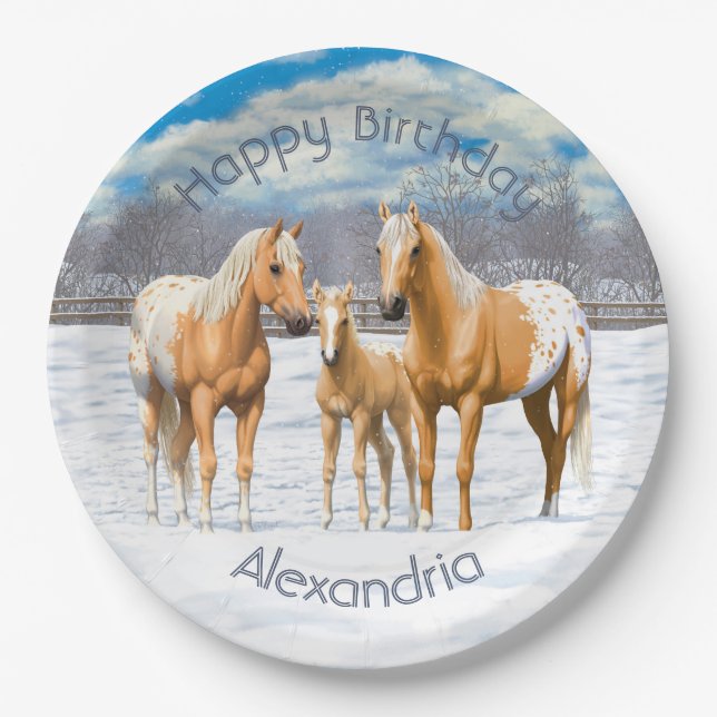 Palomino Appaloosa Horses In Snow Paper Plate (Front)