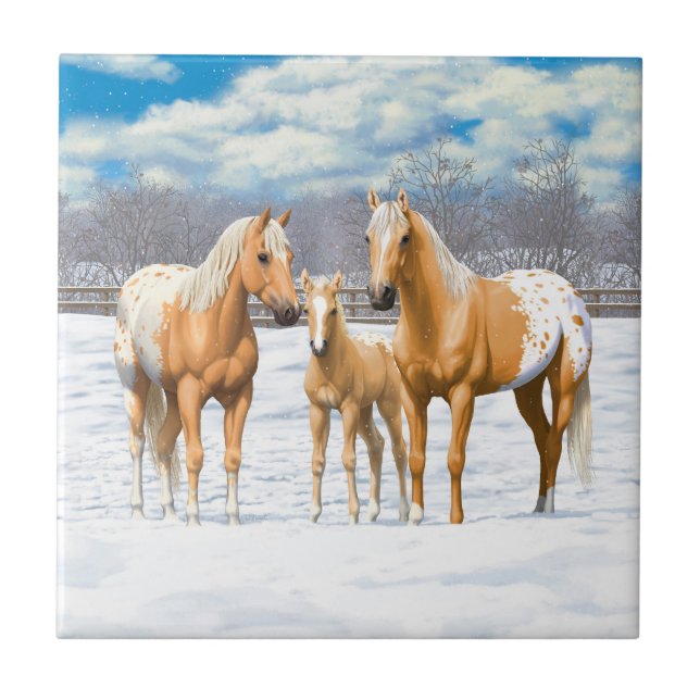 Palomino Appaloosa Horses In Snow Tile (Front)