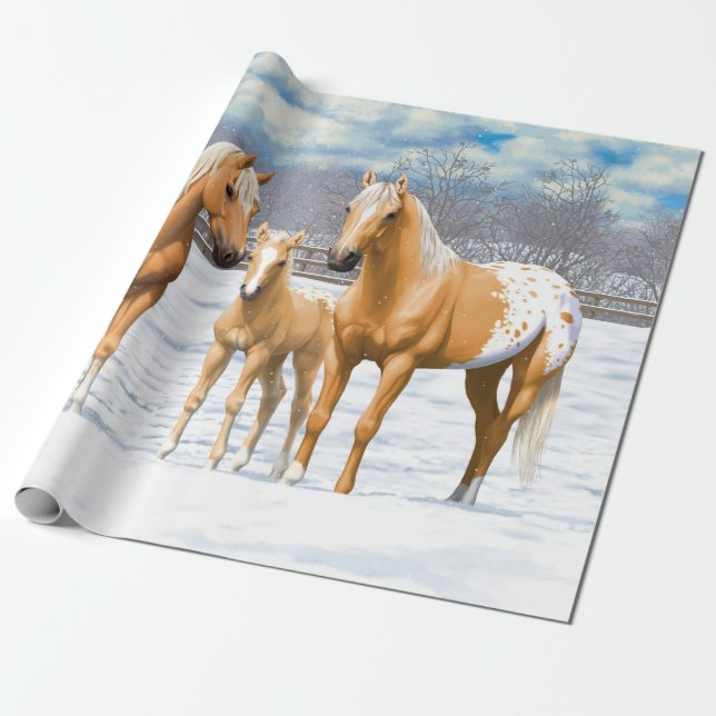 Palomino Appaloosa Horses In Snow Wrapping Paper (Unrolled)