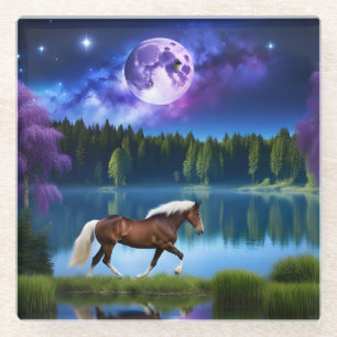 Palomino Belgian Horse under a Purple Starry Sky Glass Coaster