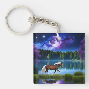Palomino Belgian Horse under a Purple Starry Sky Key Ring