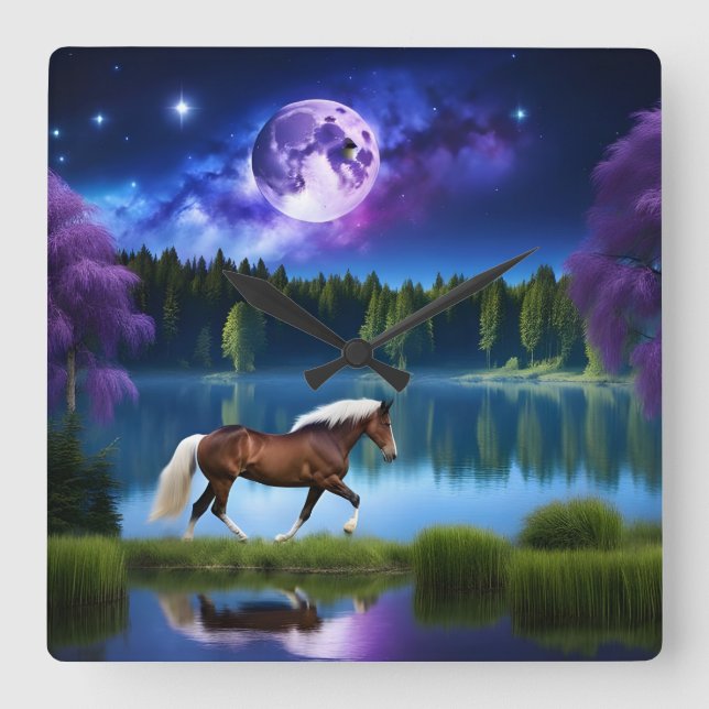 Palomino Belgian Horse under a Purple Starry Sky Square Wall Clock (Front)