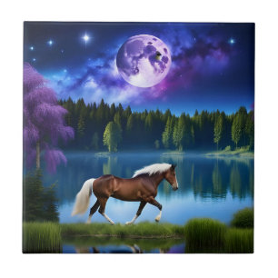 Palomino Belgian Horse under a Purple Starry Sky Tile