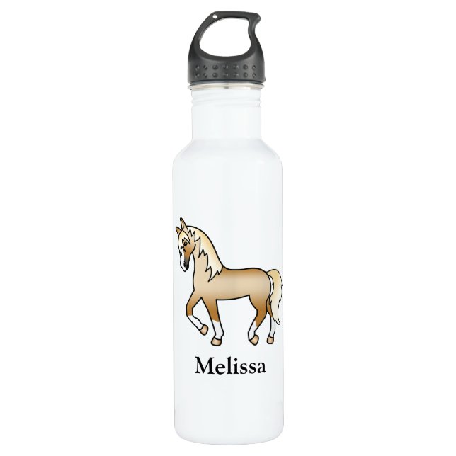 Palomino Cartoon Trotting Horse & Custom Name 710 Ml Water Bottle (Front)