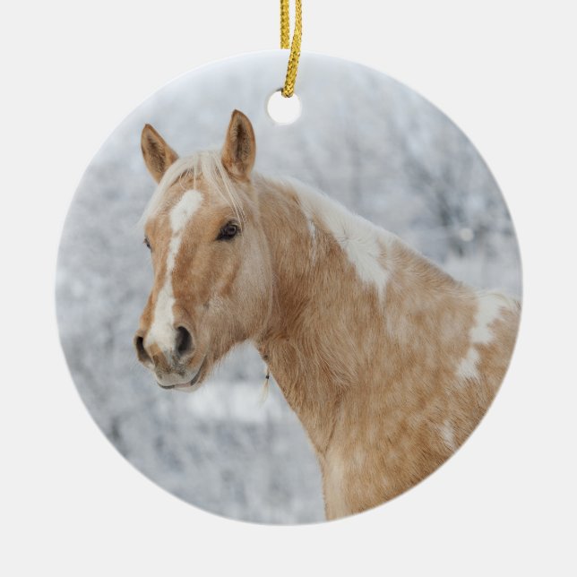 Palomino Horse in the snow Ceramic Tree Decoration (Front)