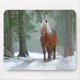 Palomino Horse in Winter Snow With Pine Trees Mouse Mat