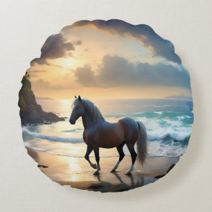 Palomino Horse On The Beach, Round Cushion
