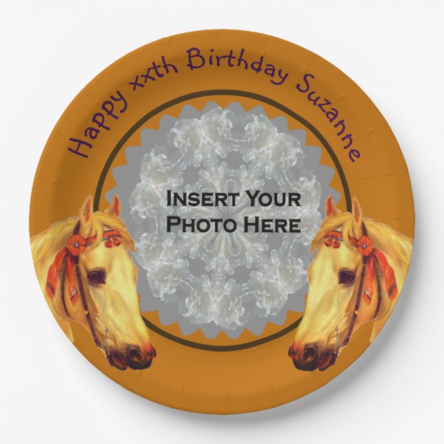 Palomino Horse Personalised Photo Birthday Party Paper Plate (Front)
