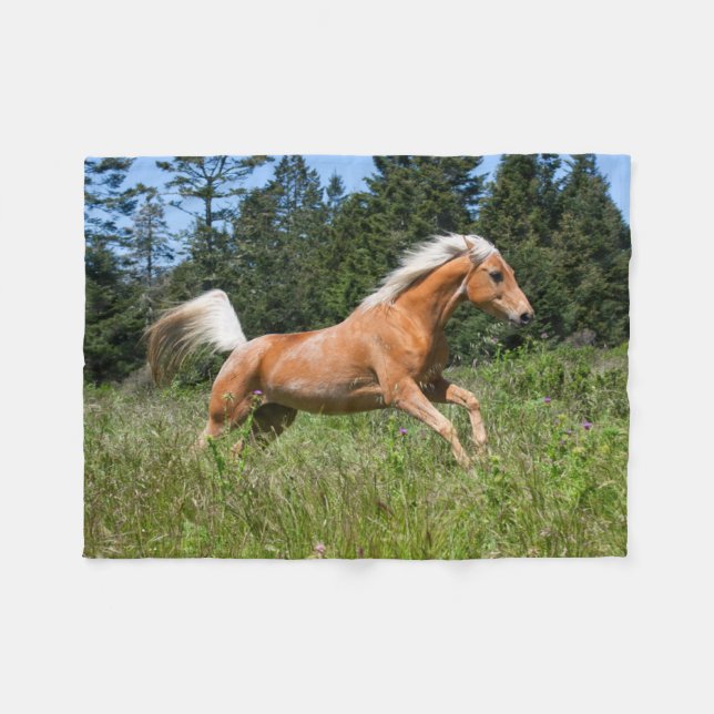 Palomino Horse Running through a Meadow Fleece Blanket (Front (Horizontal))