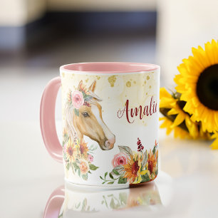 Palomino Horse sunflowers personalised name mug