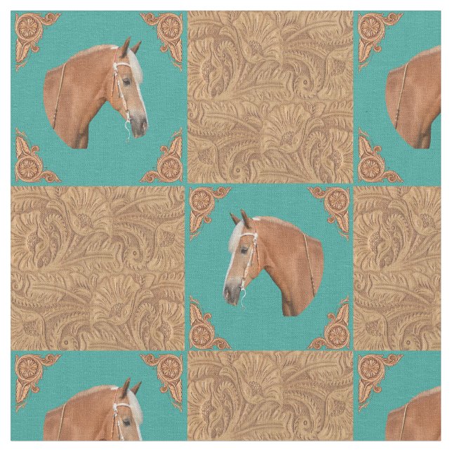 Palomino Horse With Leather Print Western Fabric (Close Up)