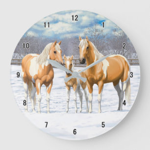 Palomino Paint Horses In Snow Large Clock