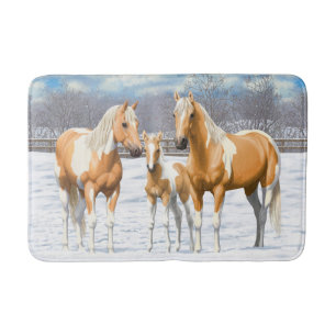 Palomino Pinto Paint Quarter Horses In Snow Bath Mat
