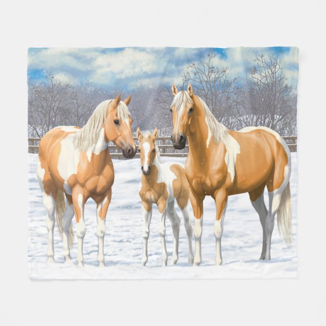 Palomino Pinto Paint Quarter Horses In Snow Fleece Blanket (Front (Horizontal))