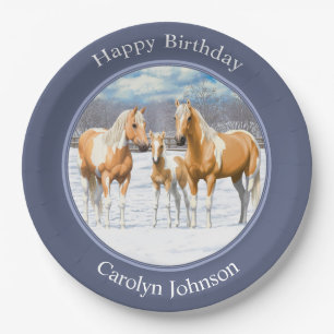 Palomino Pinto Paint Quarter Horses In Snow Paper Plate