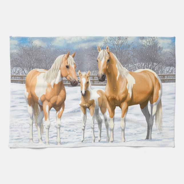 Palomino Pinto Paint Quarter Horses In Snow Tea Towel (Horizontal)