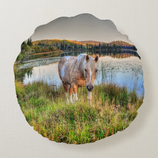 Palomino Pinto Paint Stallion by a Lake Round Cushion (Back)