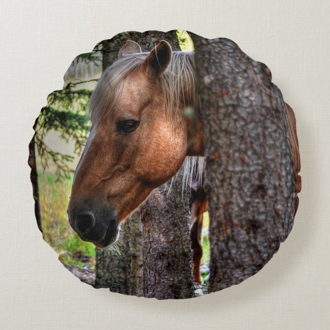 Palomino Pinto Paint Stallion in a Forest Round Cushion (Front)