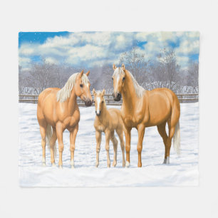 Palomino Quarter Horses In Snow Fleece Blanket