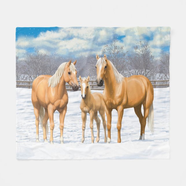 Palomino Quarter Horses In Snow Fleece Blanket (Front (Horizontal))