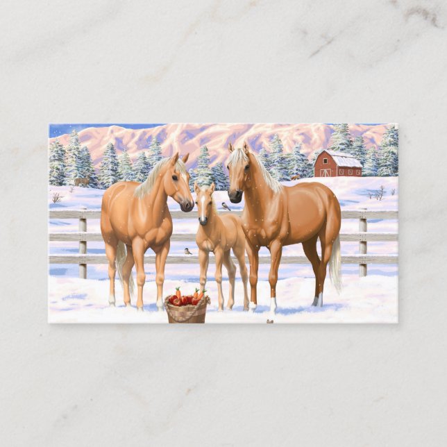 Palomino Quarter Horses In Winter Snow Business Card (Front)