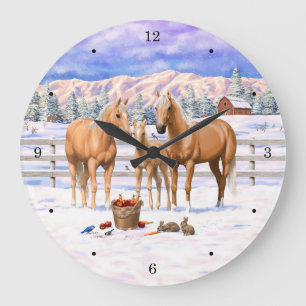 Palomino Quarter Horses In Winter Snow Large Clock