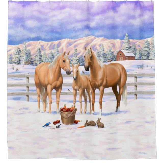 Palomino Quarter Horses In Winter Snow Shower Curtain (Front)