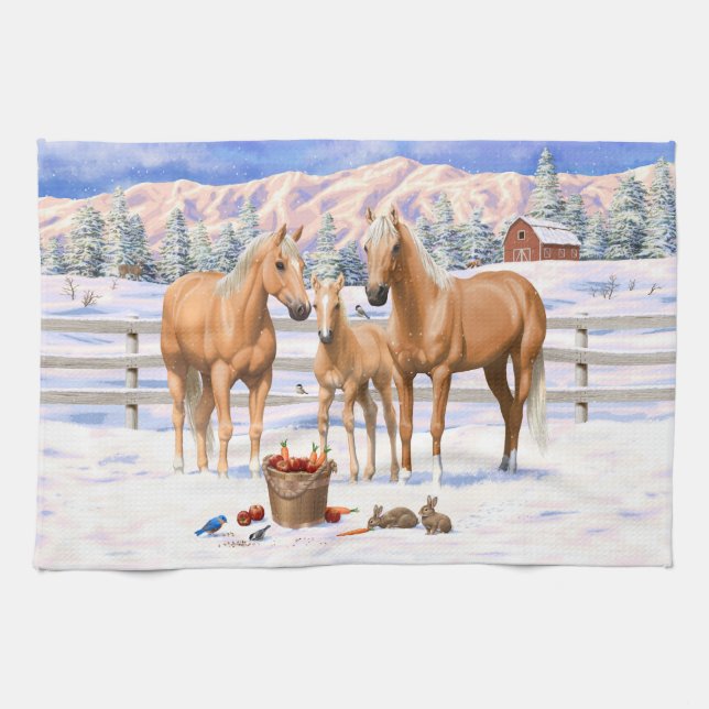 Palomino Quarter Horses In Winter Snow Tea Towel (Horizontal)
