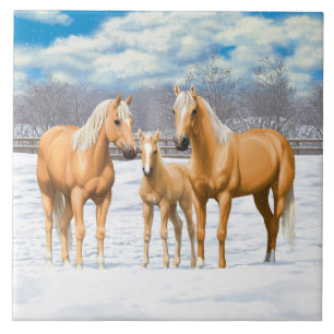 Palomino Quarter Horses In Winter Snow Tile
