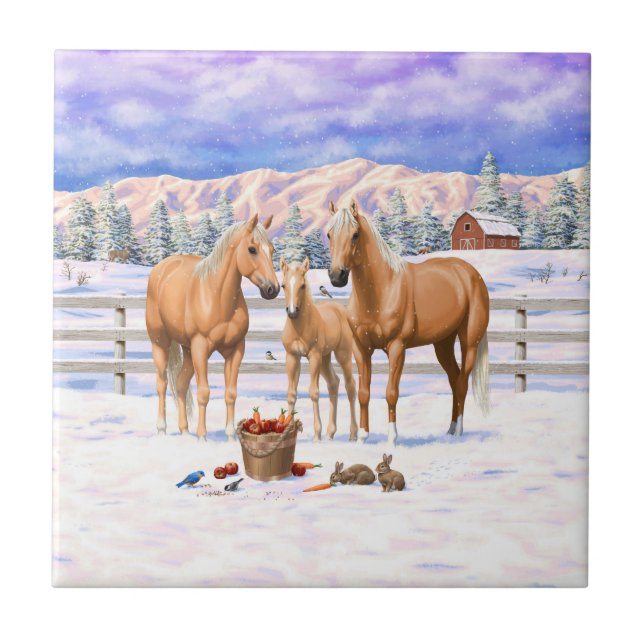 Palomino Quarter Horses In Winter Snow Tile (Front)