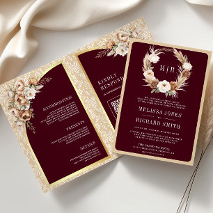 Pampas Beige Earthy Floral Burgundy Wedding Invitation