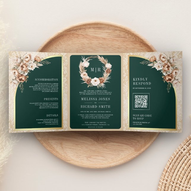 Pampas Beige Earthy Floral Emerald Green Wedding Tri-Fold Invitation (Creator Uploaded)