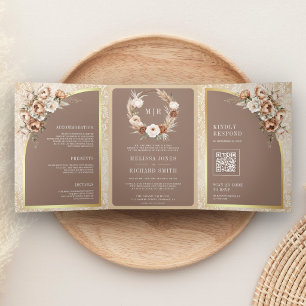Pampas Beige Earthy Floral Mocha Brown Wedding Tri-Fold Invitation