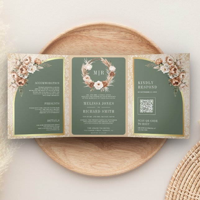 Pampas Beige Earthy Floral Sage Green Wedding Tri-Fold Invitation (Creator Uploaded)